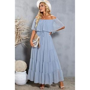Plus Size SKYLA Blue Off The Shoulder Swiss Dot Maxi Dress